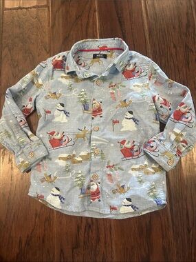 NEXT Light Blue Holiday Print Button-Down Long Sleeve Shirt for Kids
